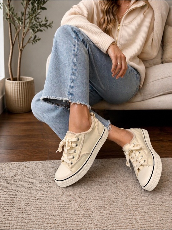 Shoes - Women's Casual Cream Canvas Frayed Edge Sneakers 9.5 NEW